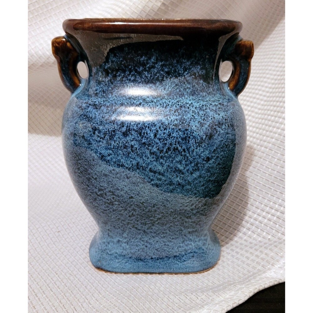 Vintage Studio Art Vase Mottled Drip Glaze Blue & Brown Amphora Style 6.75"